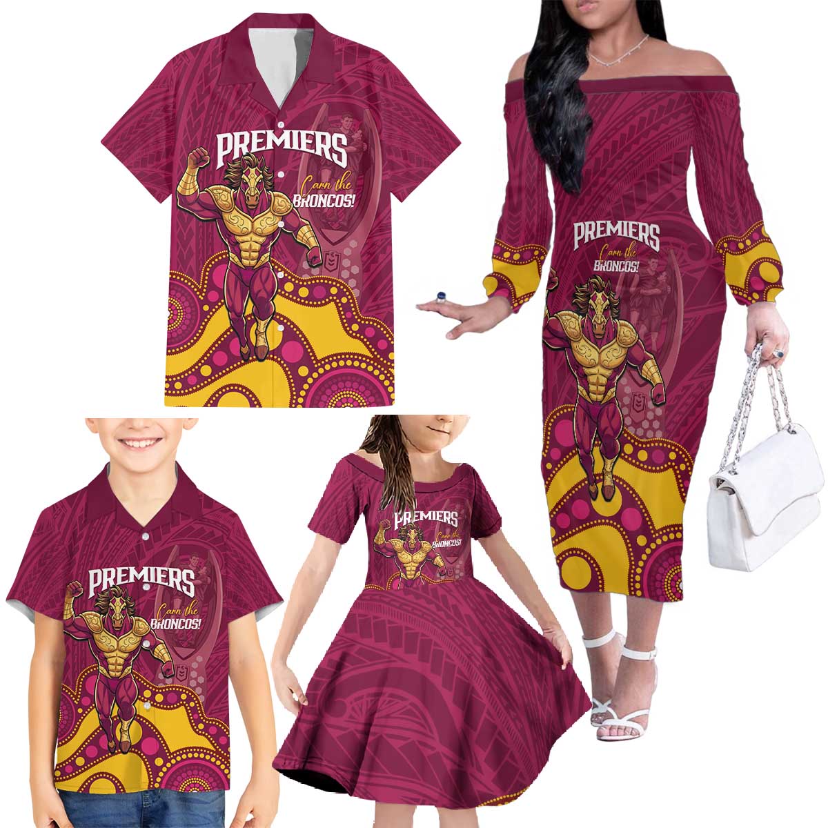 NRL Broncos Rugby Custom Family Matching Off The Shoulder Long Sleeve Dress and Hawaiian Shirt Premiers Trophy Carn The Bronx - Vibe Hoodie