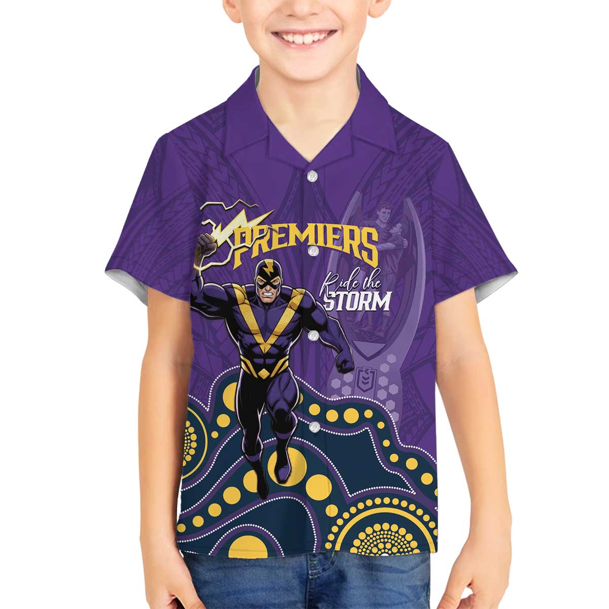 NRL Melbourne Rugby Custom Family Matching Off The Shoulder Long Sleeve Dress and Hawaiian Shirt Premiers Trophy Ride The Storm - Vibe Hoodie