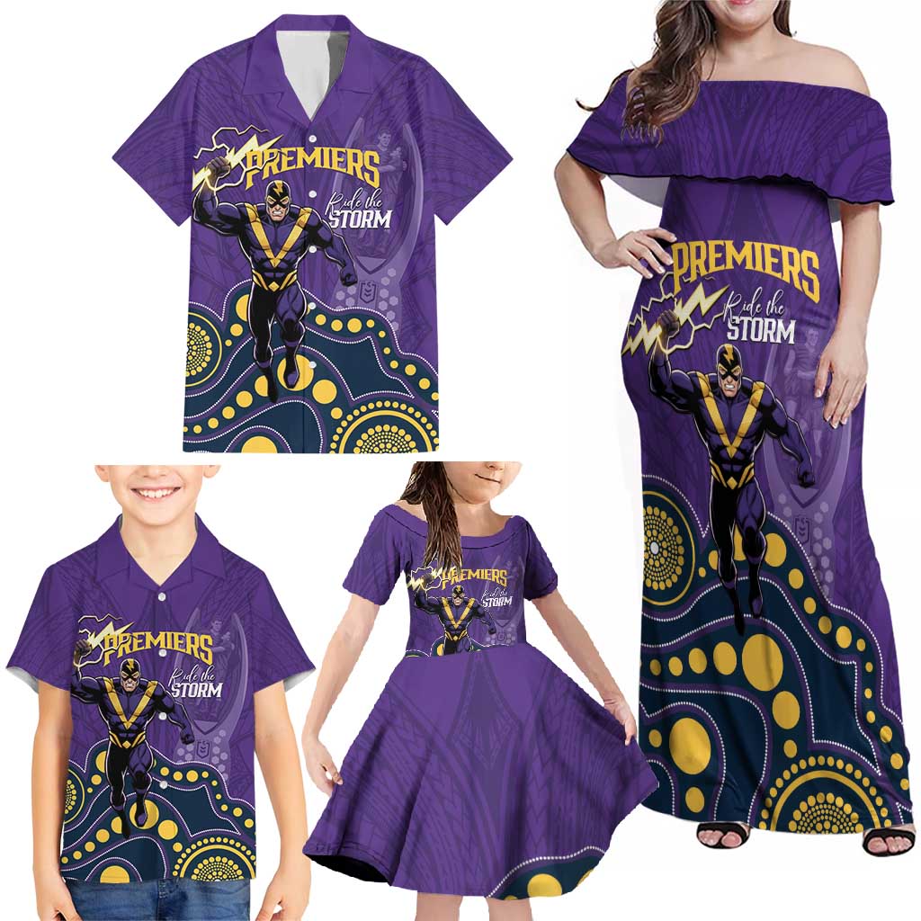 NRL Melbourne Rugby Custom Family Matching Off Shoulder Maxi Dress and Hawaiian Shirt Premiers Trophy Ride The Storm - Vibe Hoodie