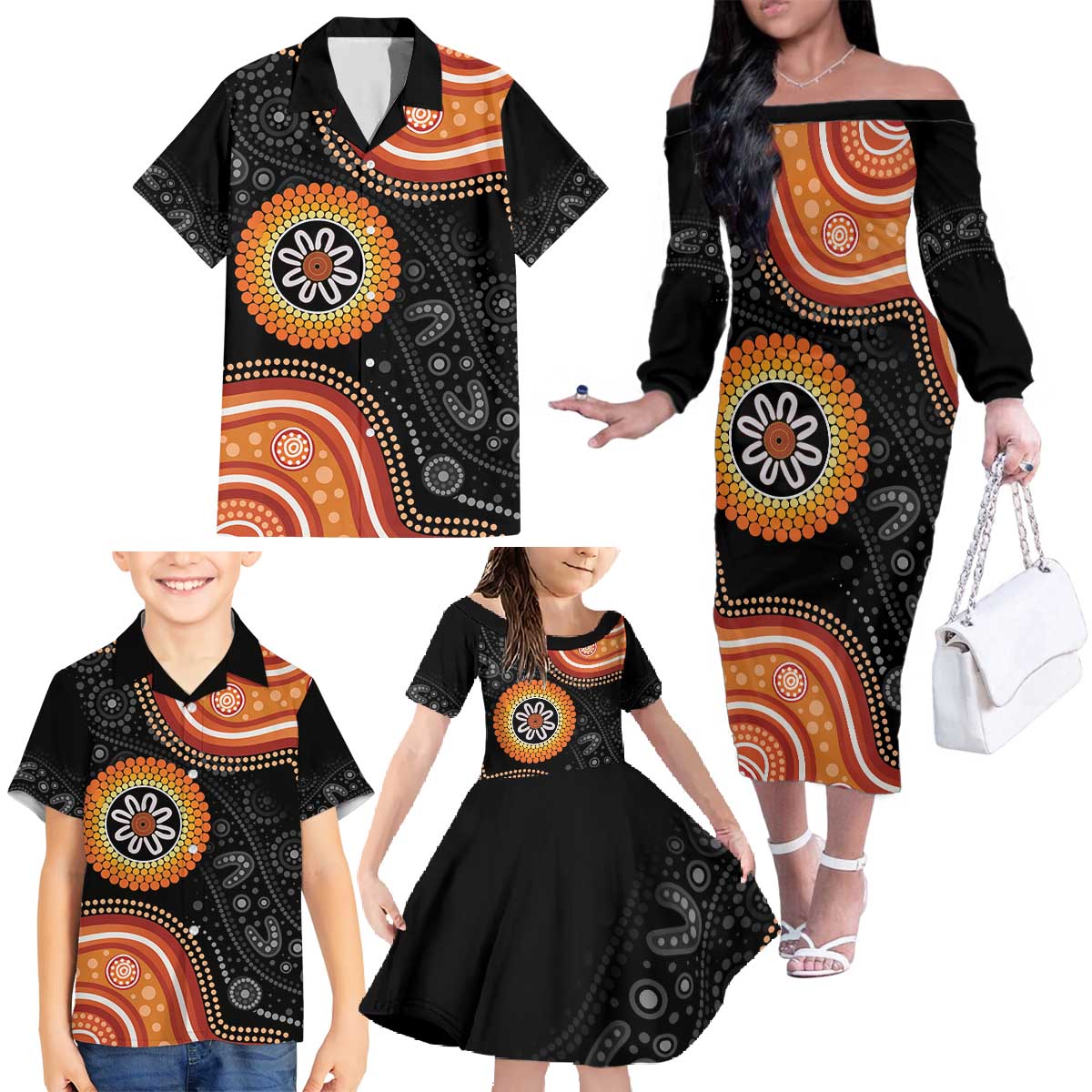 Australia Aboriginal Art Family Matching Off The Shoulder Long Sleeve Dress and Hawaiian Shirt Indigenous Proud