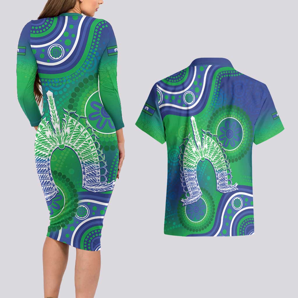 Australia Torres Strait Islanders Couples Matching Long Sleeve Bodycon Dress and Hawaiian Shirt Dhari Aboriginal Pattern