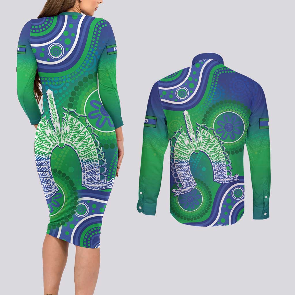 Australia Torres Strait Islanders Couples Matching Long Sleeve Bodycon Dress and Long Sleeve Button Shirt Dhari Aboriginal Pattern