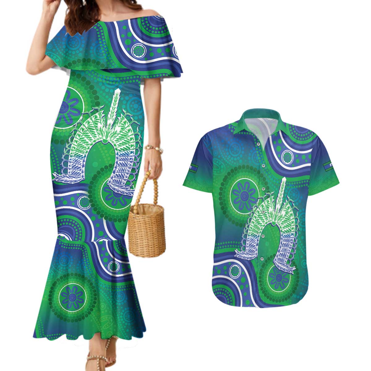 Australia Torres Strait Islanders Couples Matching Mermaid Dress and Hawaiian Shirt Dhari Aboriginal Pattern