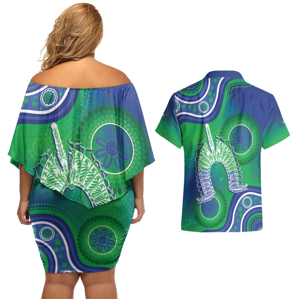 Australia Torres Strait Islanders Couples Matching Off Shoulder Short Dress and Hawaiian Shirt Dhari Aboriginal Pattern