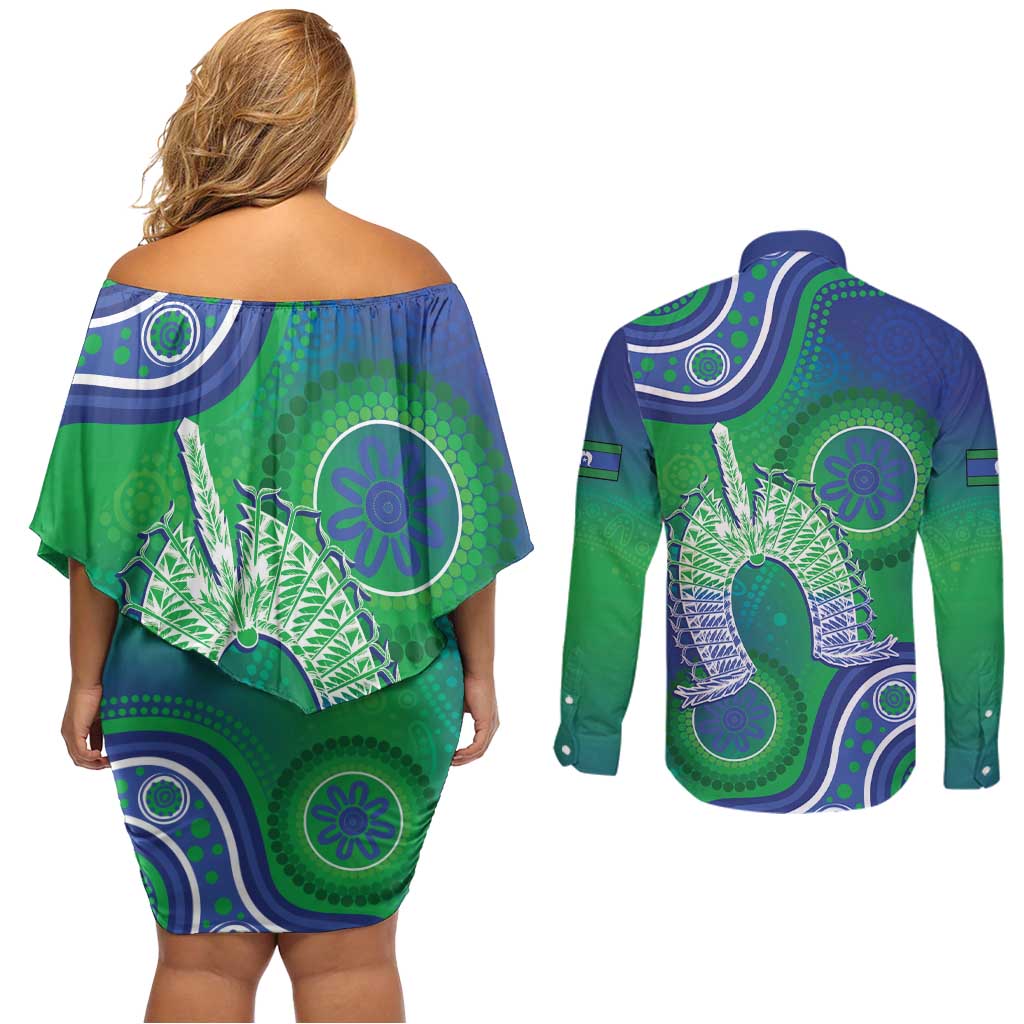 Australia Torres Strait Islanders Couples Matching Off Shoulder Short Dress and Long Sleeve Button Shirt Dhari Aboriginal Pattern