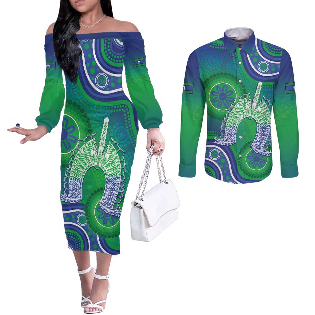 Australia Torres Strait Islanders Couples Matching Off The Shoulder Long Sleeve Dress and Long Sleeve Button Shirt Dhari Aboriginal Pattern