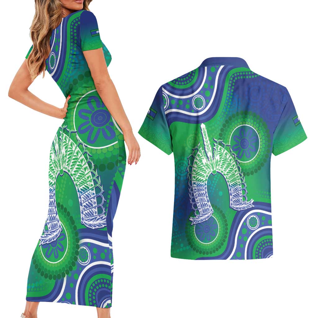 Australia Torres Strait Islanders Couples Matching Short Sleeve Bodycon Dress and Hawaiian Shirt Dhari Aboriginal Pattern