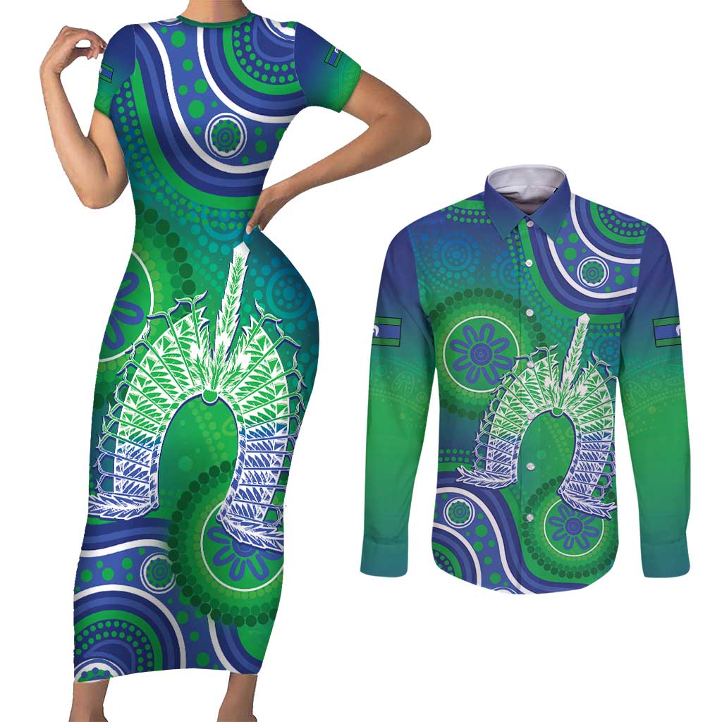 Australia Torres Strait Islanders Couples Matching Short Sleeve Bodycon Dress and Long Sleeve Button Shirt Dhari Aboriginal Pattern