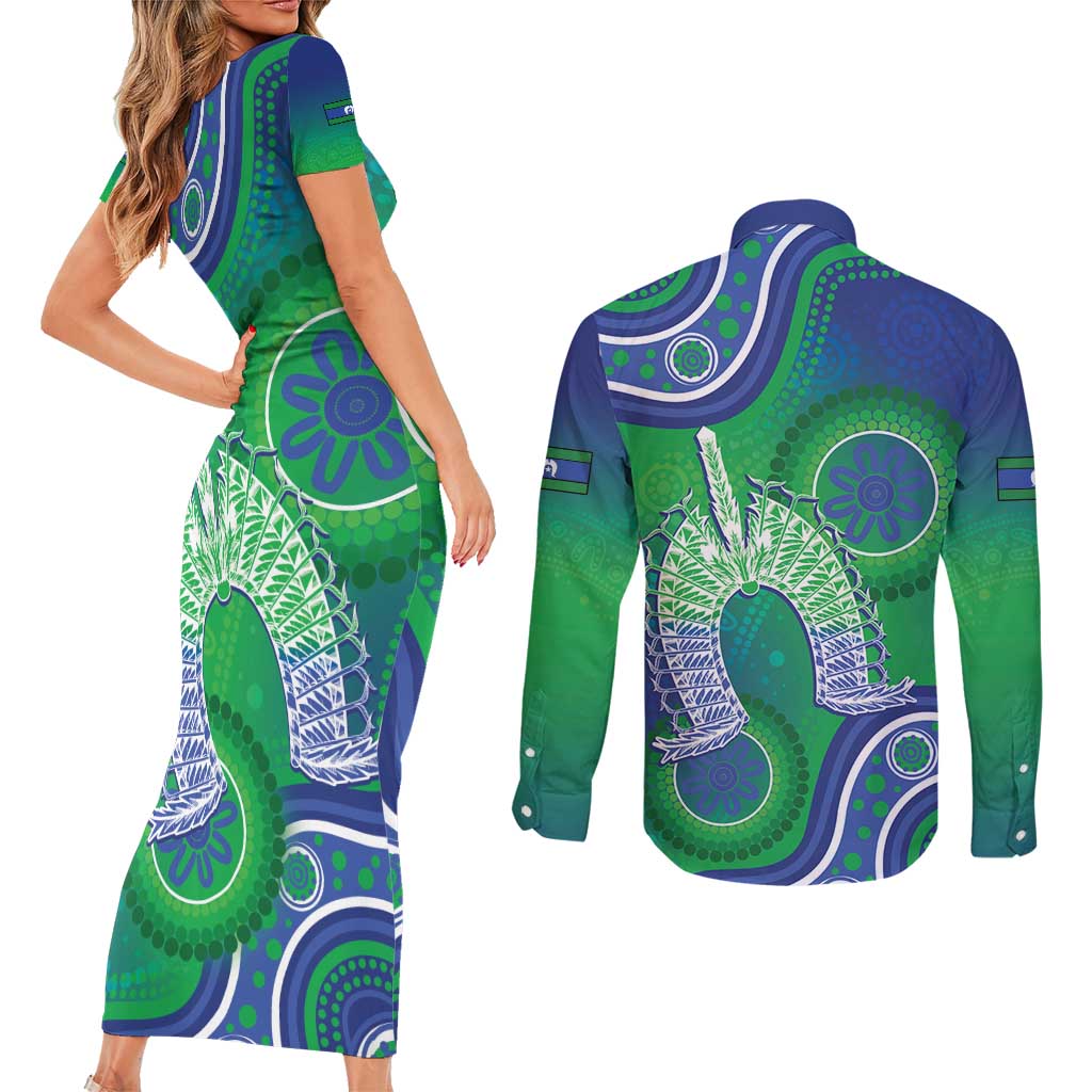 Australia Torres Strait Islanders Couples Matching Short Sleeve Bodycon Dress and Long Sleeve Button Shirt Dhari Aboriginal Pattern