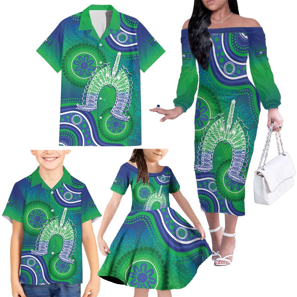 Australia Torres Strait Islanders Family Matching Off The Shoulder Long Sleeve Dress and Hawaiian Shirt Dhari Aboriginal Pattern