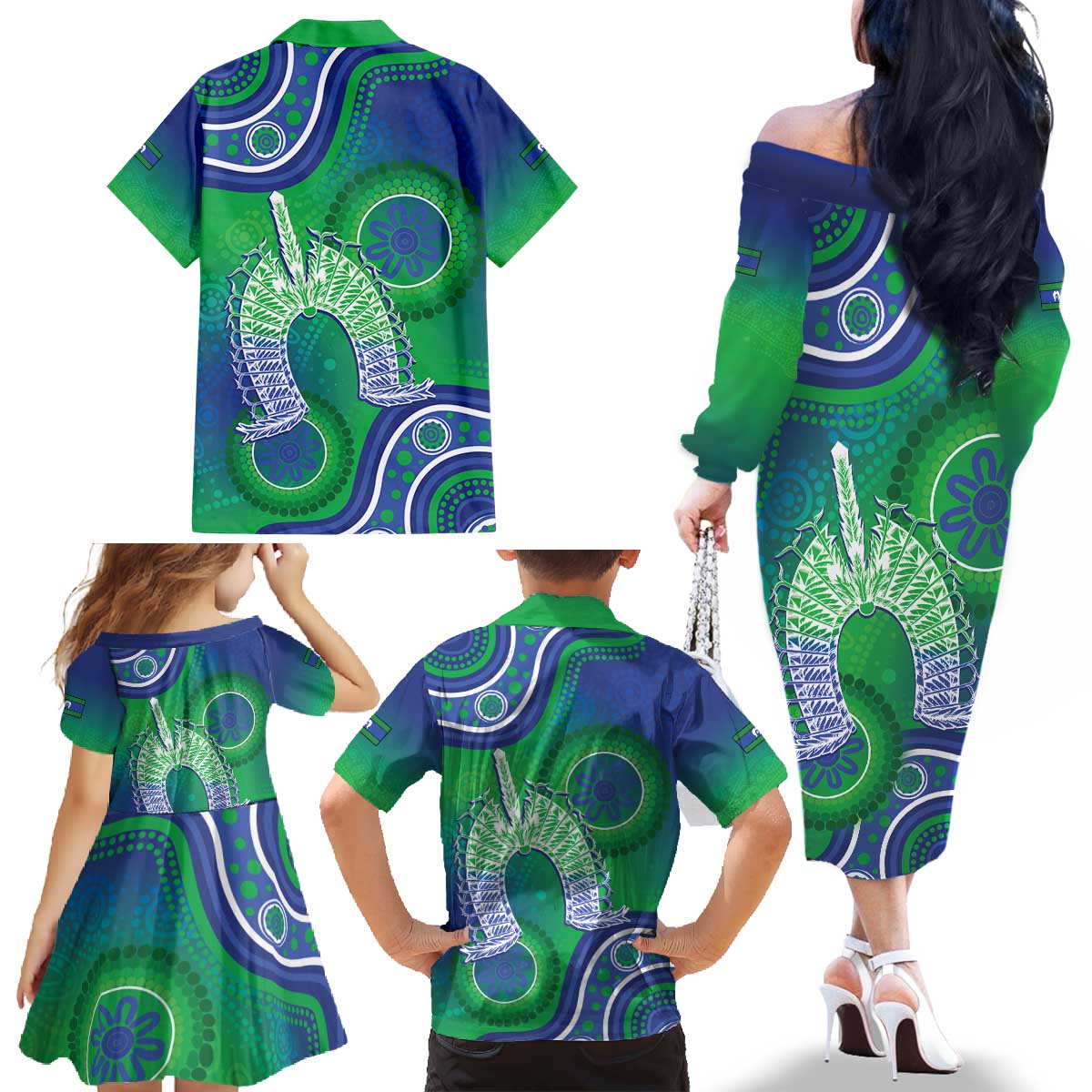 Australia Torres Strait Islanders Family Matching Off The Shoulder Long Sleeve Dress and Hawaiian Shirt Dhari Aboriginal Pattern