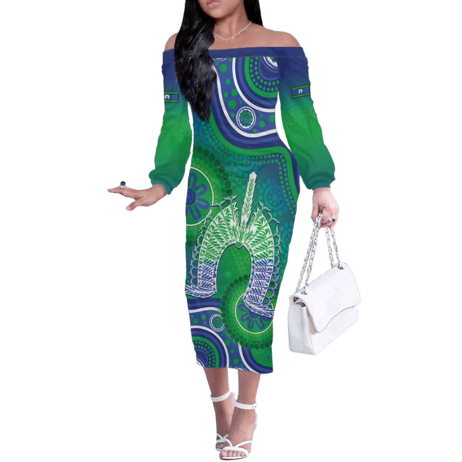 Australia Torres Strait Islanders Off The Shoulder Long Sleeve Dress Dhari Aboriginal Pattern