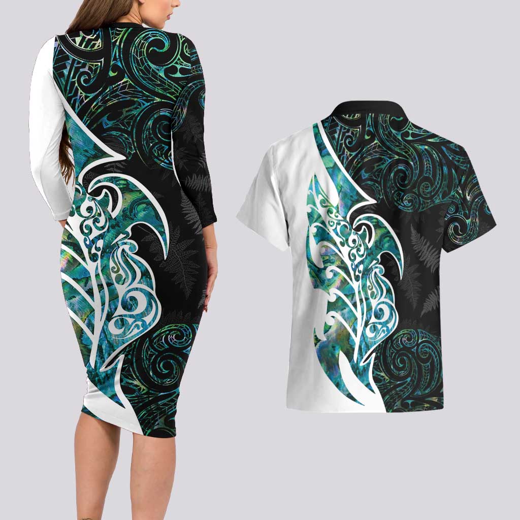 Proud Aotearoa Couples Matching Long Sleeve Bodycon Dress and Hawaiian Shirt Maori Silver Fern Mix Paua Shell Pattern