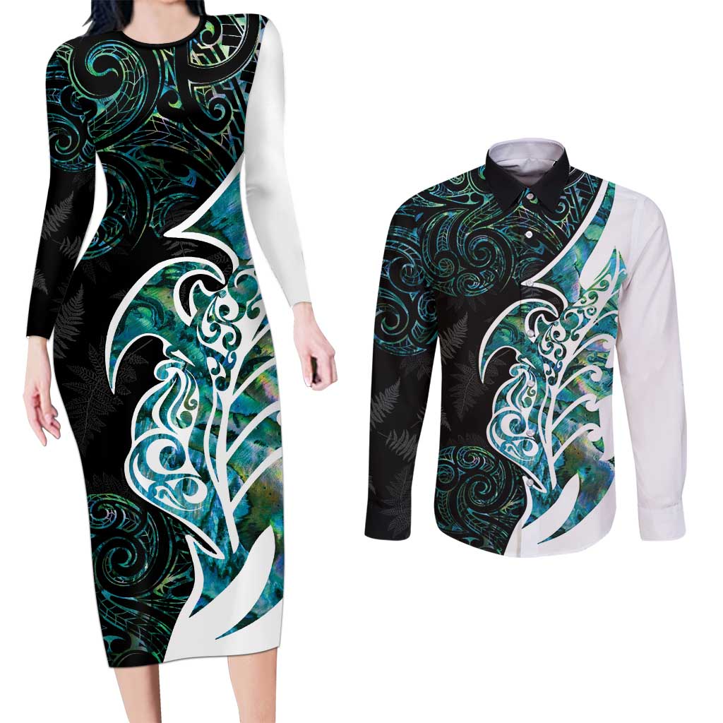 Proud Aotearoa Couples Matching Long Sleeve Bodycon Dress and Long Sleeve Button Shirt Maori Silver Fern Mix Paua Shell Pattern