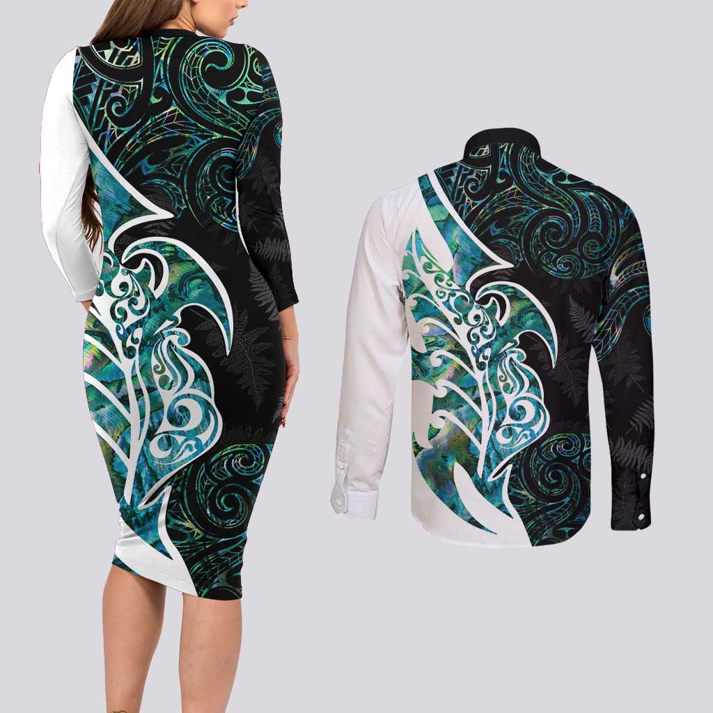 Proud Aotearoa Couples Matching Long Sleeve Bodycon Dress and Long Sleeve Button Shirt Maori Silver Fern Mix Paua Shell Pattern