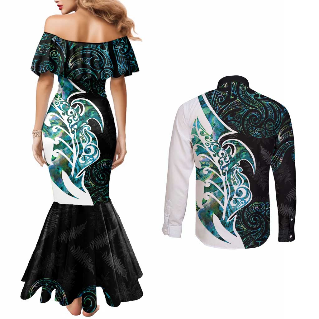 Proud Aotearoa Couples Matching Mermaid Dress and Long Sleeve Button Shirt Maori Silver Fern Mix Paua Shell Pattern