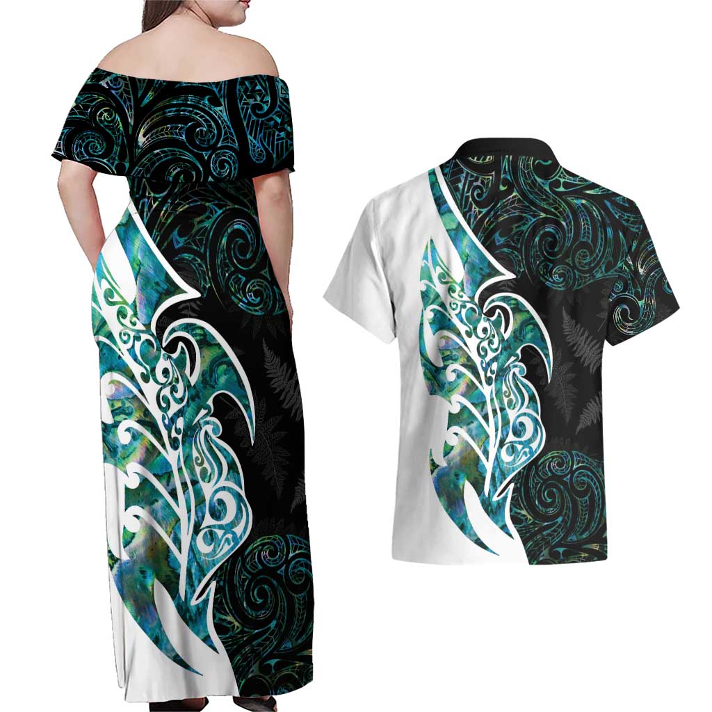 Proud Aotearoa Couples Matching Off Shoulder Maxi Dress and Hawaiian Shirt Maori Silver Fern Mix Paua Shell Pattern