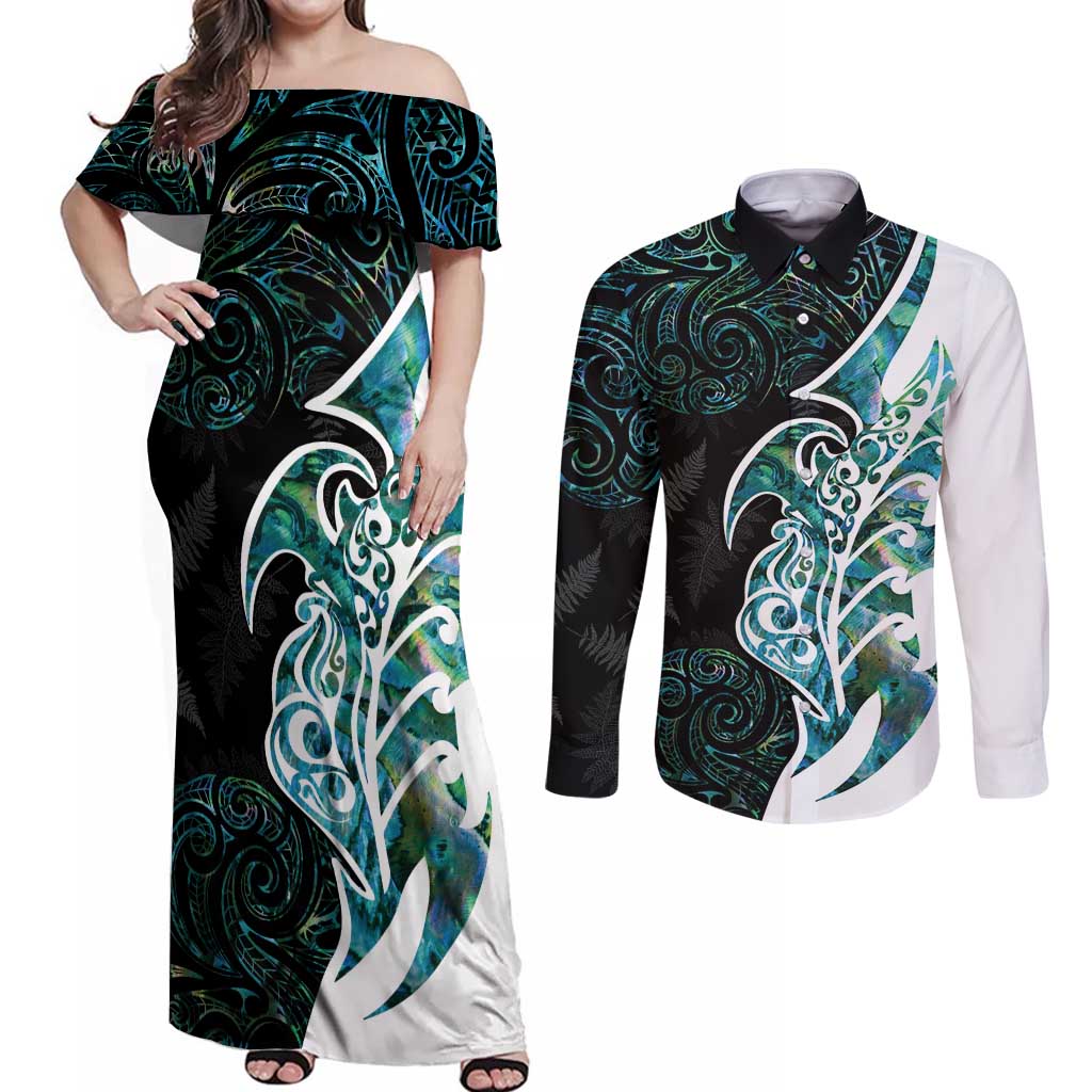 Proud Aotearoa Couples Matching Off Shoulder Maxi Dress and Long Sleeve Button Shirt Maori Silver Fern Mix Paua Shell Pattern