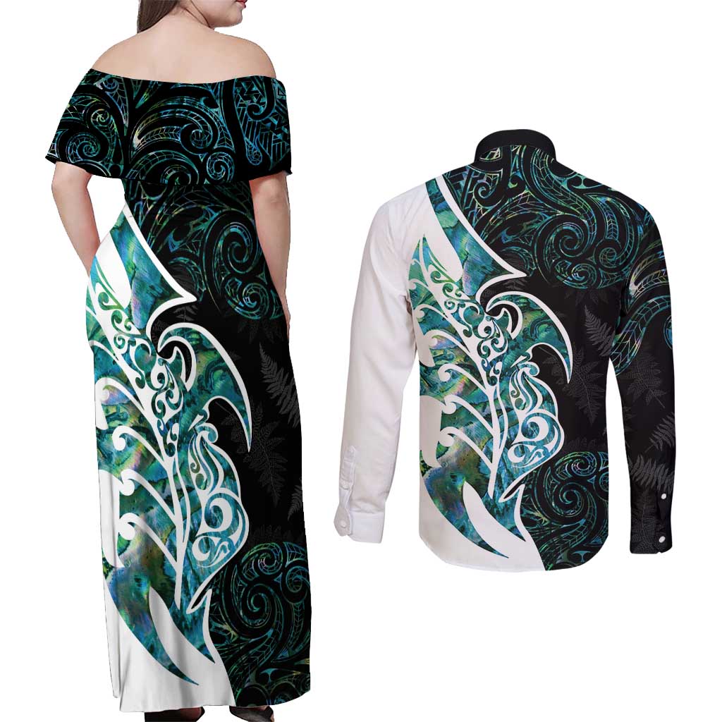 Proud Aotearoa Couples Matching Off Shoulder Maxi Dress and Long Sleeve Button Shirt Maori Silver Fern Mix Paua Shell Pattern