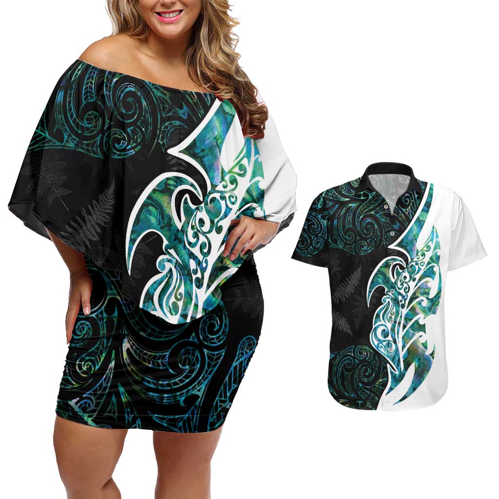 Proud Aotearoa Couples Matching Off Shoulder Short Dress and Hawaiian Shirt Maori Silver Fern Mix Paua Shell Pattern