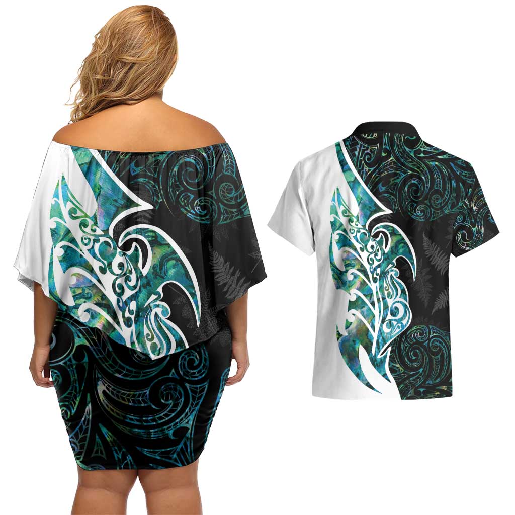 Proud Aotearoa Couples Matching Off Shoulder Short Dress and Hawaiian Shirt Maori Silver Fern Mix Paua Shell Pattern