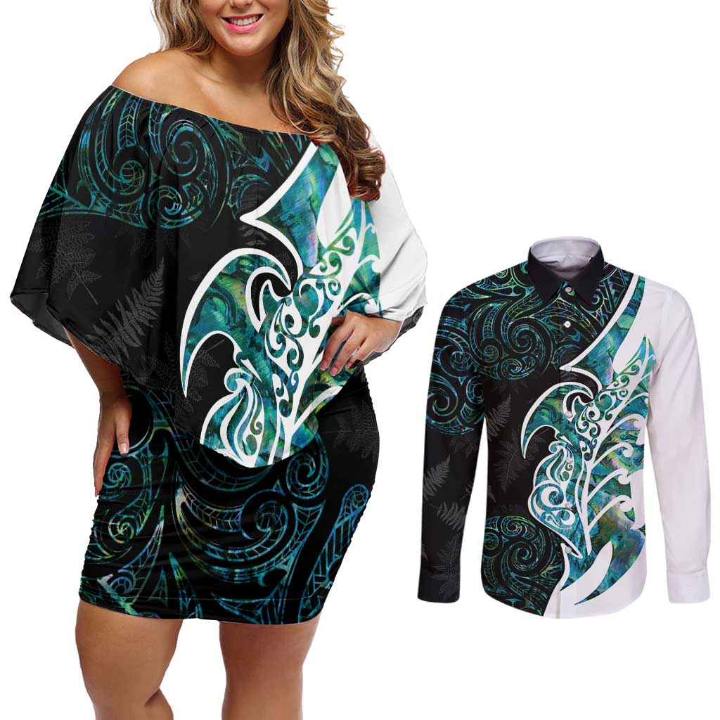 Proud Aotearoa Couples Matching Off Shoulder Short Dress and Long Sleeve Button Shirt Maori Silver Fern Mix Paua Shell Pattern