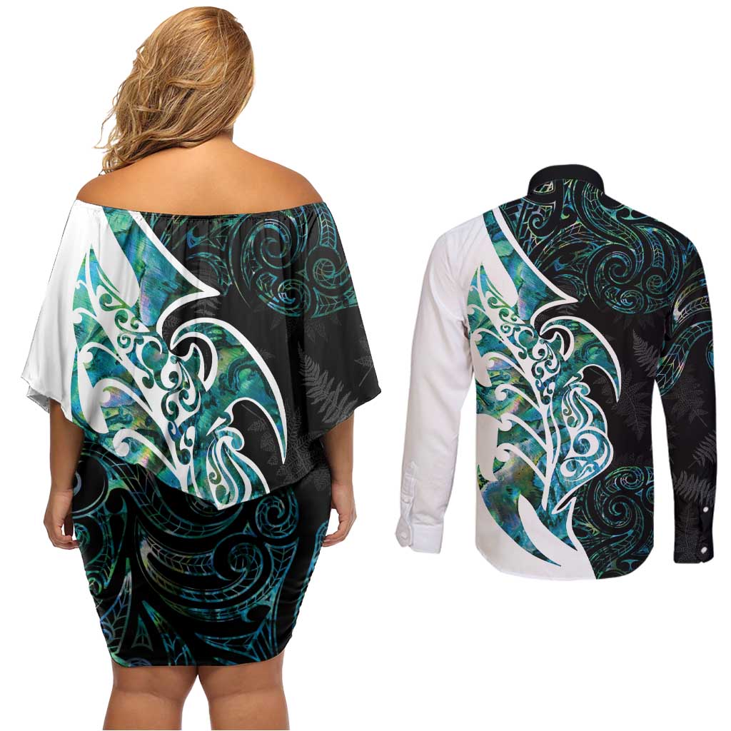 Proud Aotearoa Couples Matching Off Shoulder Short Dress and Long Sleeve Button Shirt Maori Silver Fern Mix Paua Shell Pattern