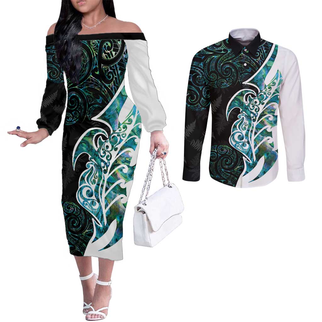 Proud Aotearoa Couples Matching Off The Shoulder Long Sleeve Dress and Long Sleeve Button Shirt Maori Silver Fern Mix Paua Shell Pattern