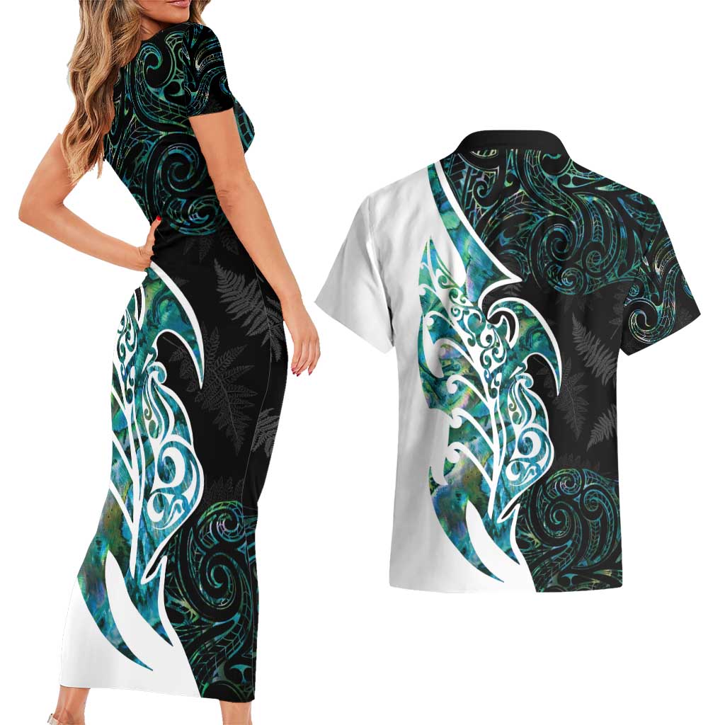 Proud Aotearoa Couples Matching Short Sleeve Bodycon Dress and Hawaiian Shirt Maori Silver Fern Mix Paua Shell Pattern