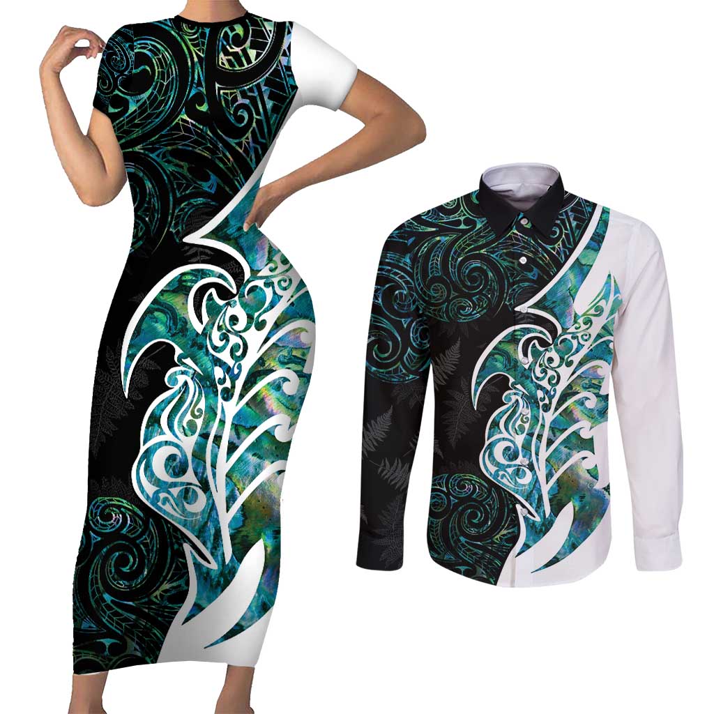 Proud Aotearoa Couples Matching Short Sleeve Bodycon Dress and Long Sleeve Button Shirt Maori Silver Fern Mix Paua Shell Pattern