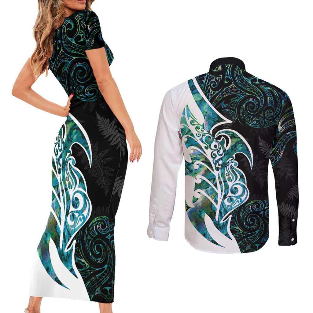 Proud Aotearoa Couples Matching Short Sleeve Bodycon Dress and Long Sleeve Button Shirt Maori Silver Fern Mix Paua Shell Pattern