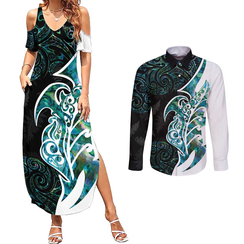 Proud Aotearoa Couples Matching Summer Maxi Dress and Long Sleeve Button Shirt Maori Silver Fern Mix Paua Shell Pattern