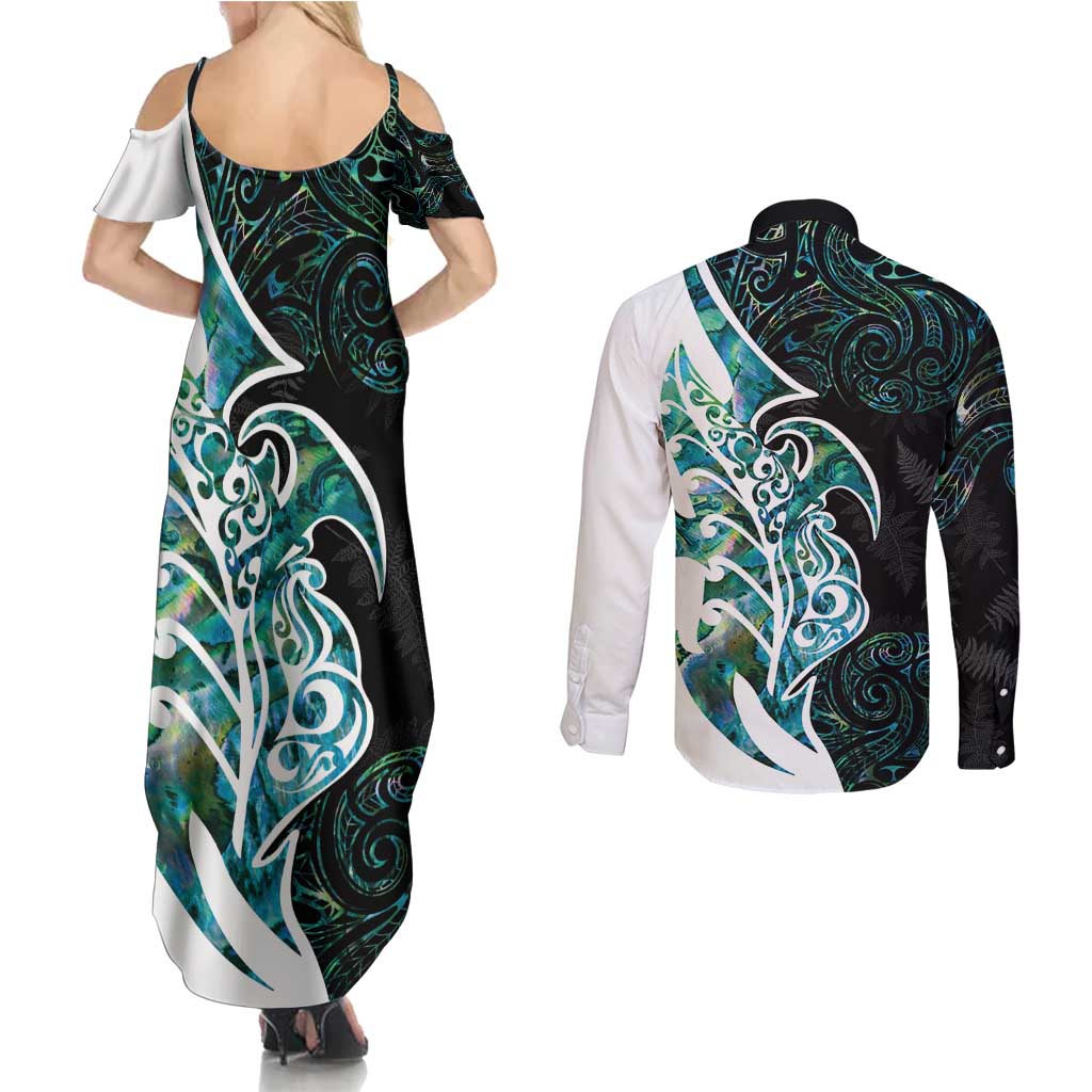 Proud Aotearoa Couples Matching Summer Maxi Dress and Long Sleeve Button Shirt Maori Silver Fern Mix Paua Shell Pattern