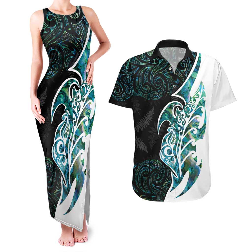 Proud Aotearoa Couples Matching Tank Maxi Dress and Hawaiian Shirt Maori Silver Fern Mix Paua Shell Pattern