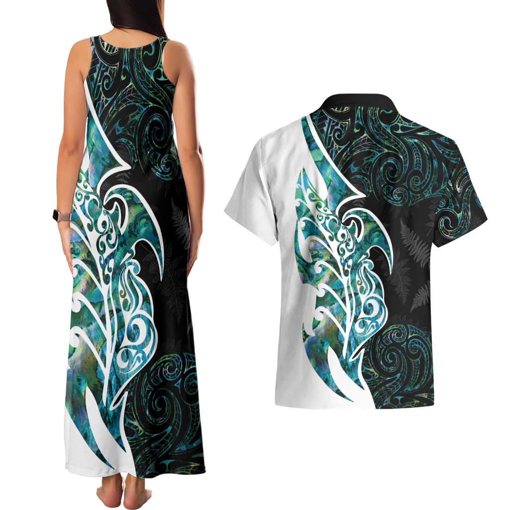 Proud Aotearoa Couples Matching Tank Maxi Dress and Hawaiian Shirt Maori Silver Fern Mix Paua Shell Pattern