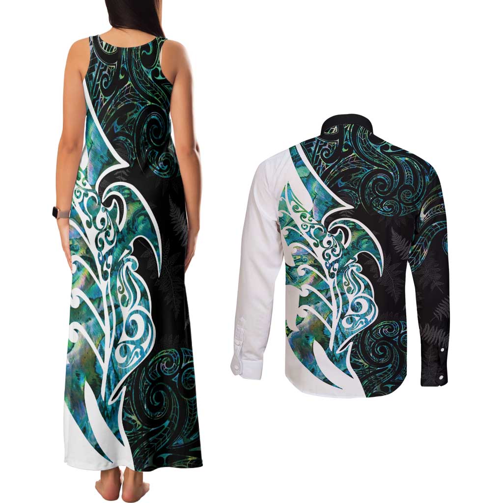 Proud Aotearoa Couples Matching Tank Maxi Dress and Long Sleeve Button Shirt Maori Silver Fern Mix Paua Shell Pattern