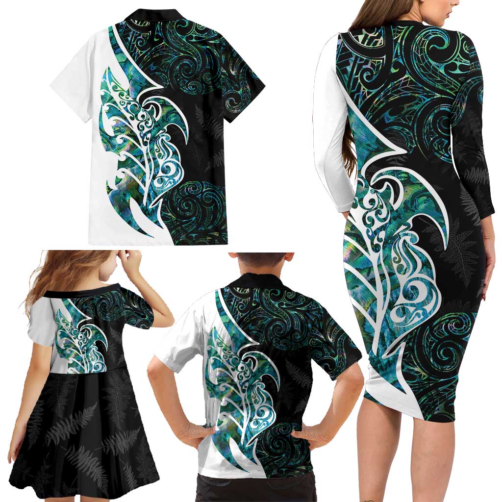 Proud Aotearoa Family Matching Long Sleeve Bodycon Dress and Hawaiian Shirt Maori Silver Fern Mix Paua Shell Pattern