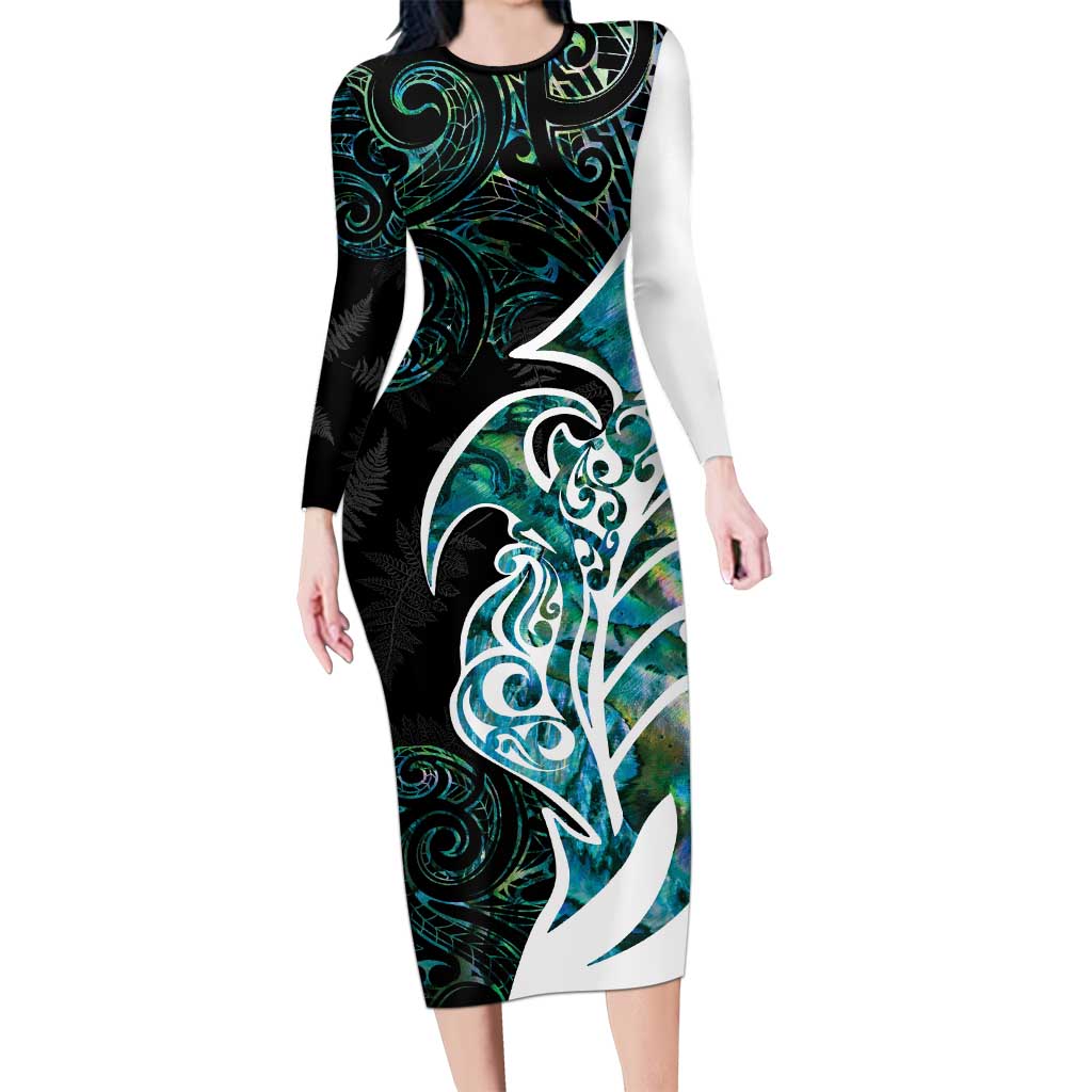 Proud Aotearoa Family Matching Long Sleeve Bodycon Dress and Hawaiian Shirt Maori Silver Fern Mix Paua Shell Pattern