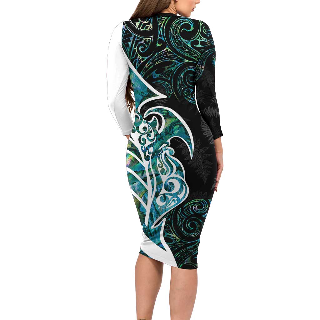 Proud Aotearoa Family Matching Long Sleeve Bodycon Dress and Hawaiian Shirt Maori Silver Fern Mix Paua Shell Pattern