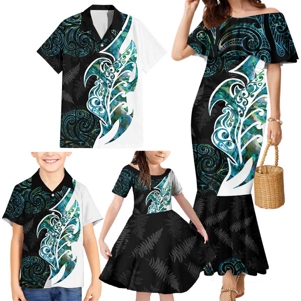 Proud Aotearoa Family Matching Mermaid Dress and Hawaiian Shirt Maori Silver Fern Mix Paua Shell Pattern