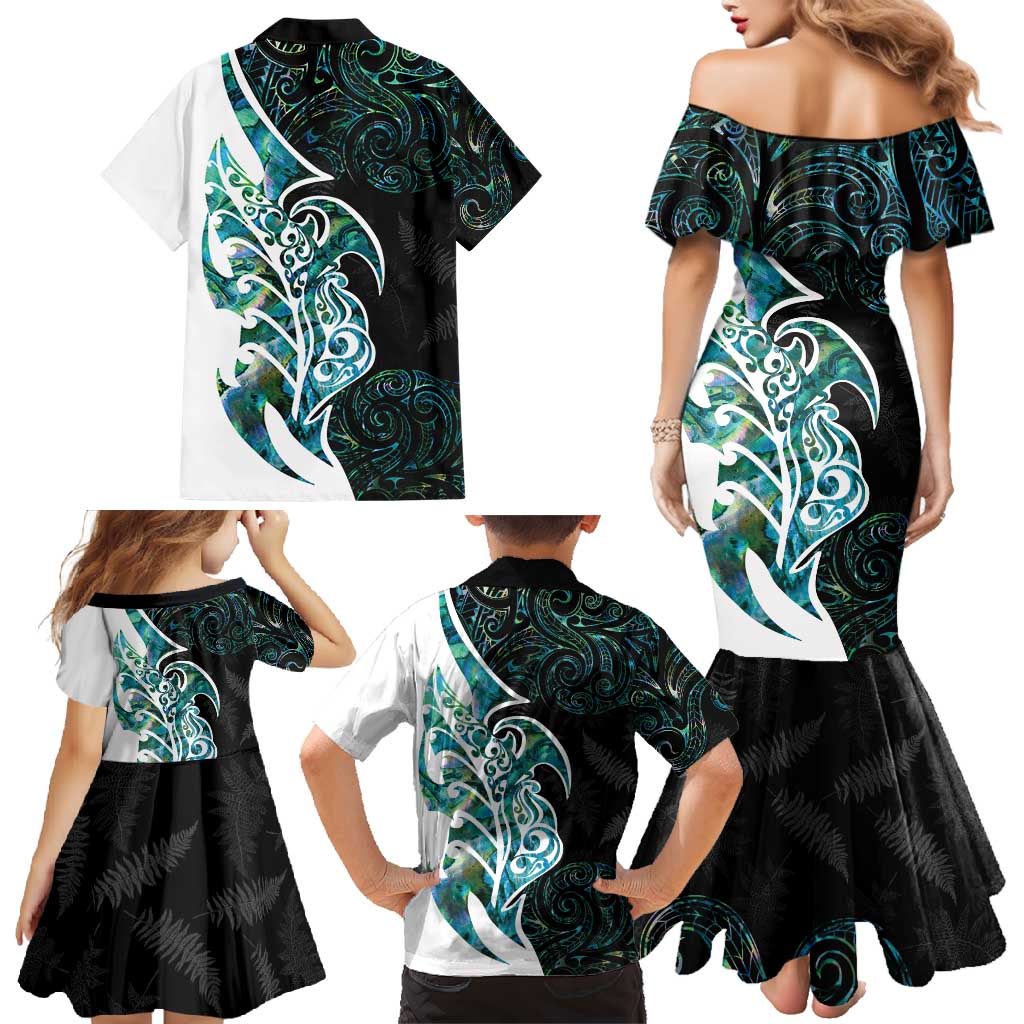 Proud Aotearoa Family Matching Mermaid Dress and Hawaiian Shirt Maori Silver Fern Mix Paua Shell Pattern