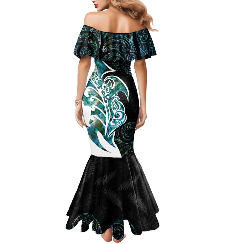 Proud Aotearoa Family Matching Mermaid Dress and Hawaiian Shirt Maori Silver Fern Mix Paua Shell Pattern