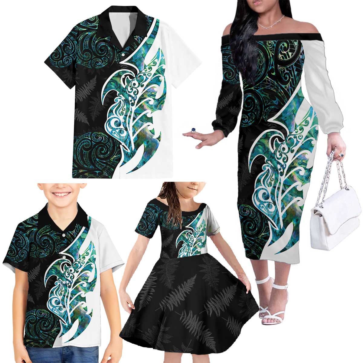 Proud Aotearoa Family Matching Off The Shoulder Long Sleeve Dress and Hawaiian Shirt Maori Silver Fern Mix Paua Shell Pattern