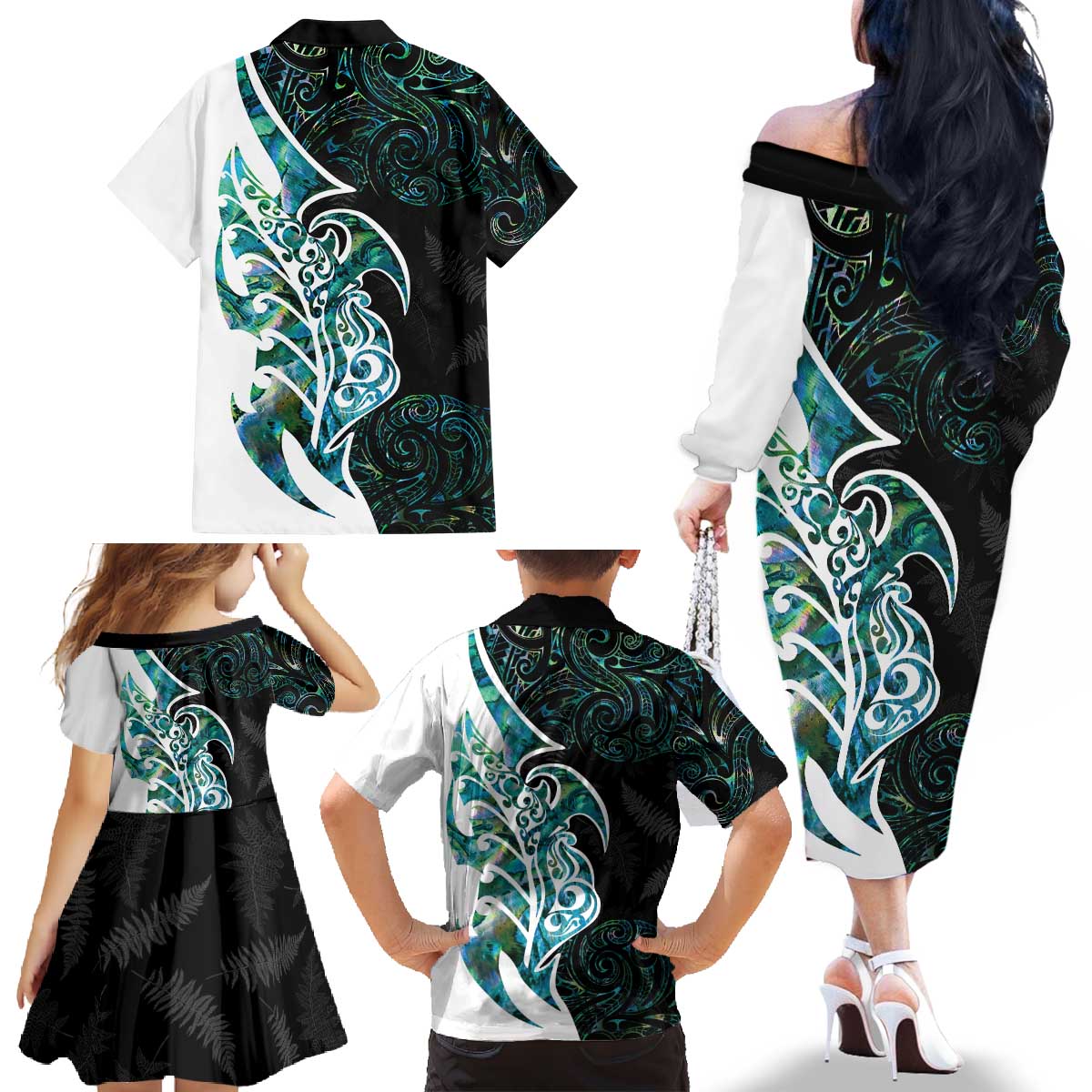 Proud Aotearoa Family Matching Off The Shoulder Long Sleeve Dress and Hawaiian Shirt Maori Silver Fern Mix Paua Shell Pattern