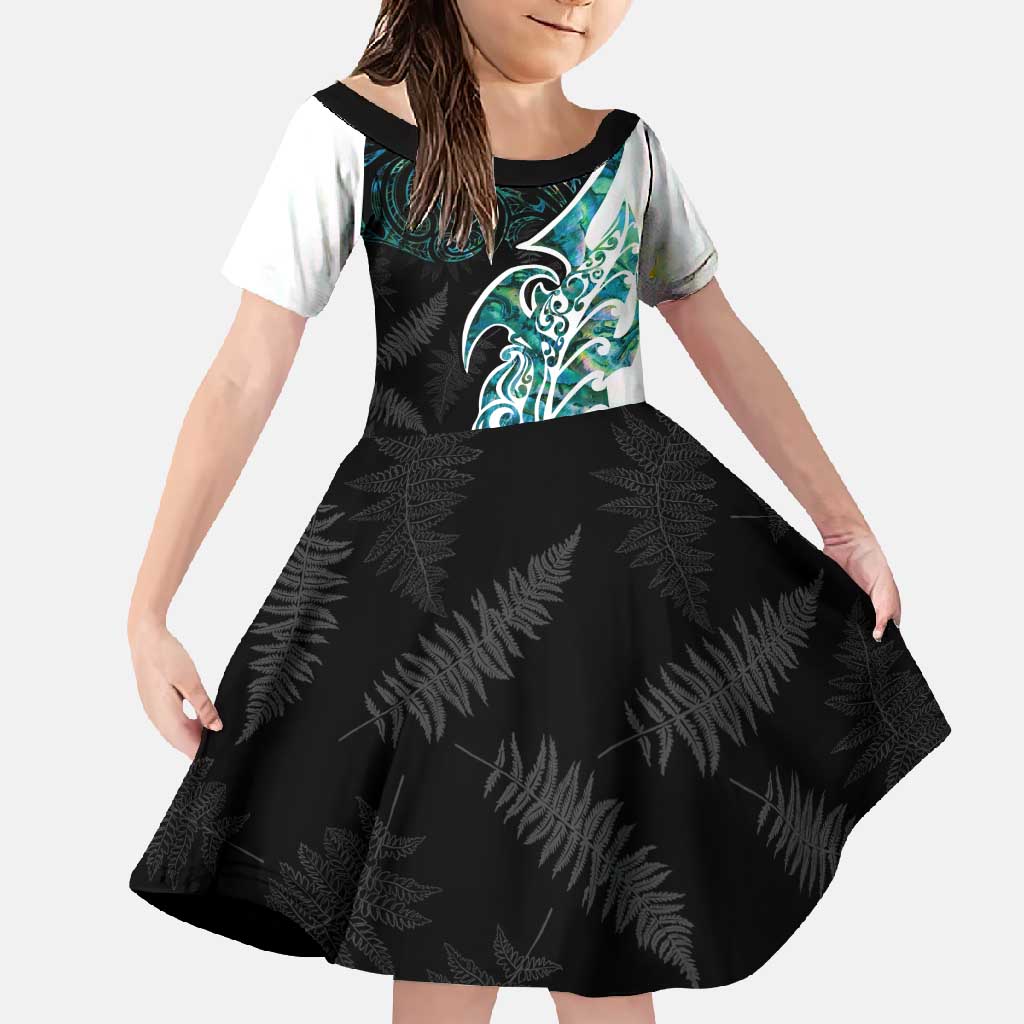 Proud Aotearoa Family Matching Off Shoulder Maxi Dress and Hawaiian Shirt Maori Silver Fern Mix Paua Shell Pattern