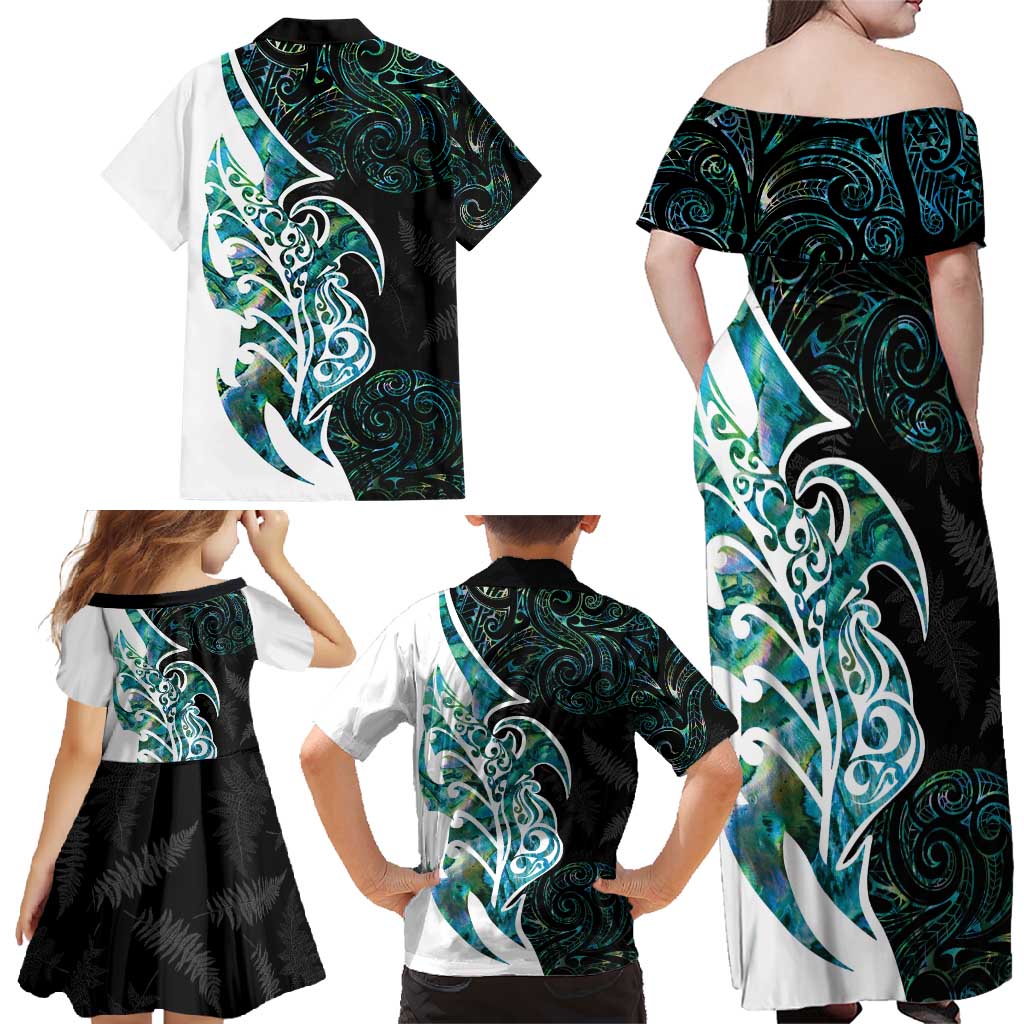 Proud Aotearoa Family Matching Off Shoulder Maxi Dress and Hawaiian Shirt Maori Silver Fern Mix Paua Shell Pattern