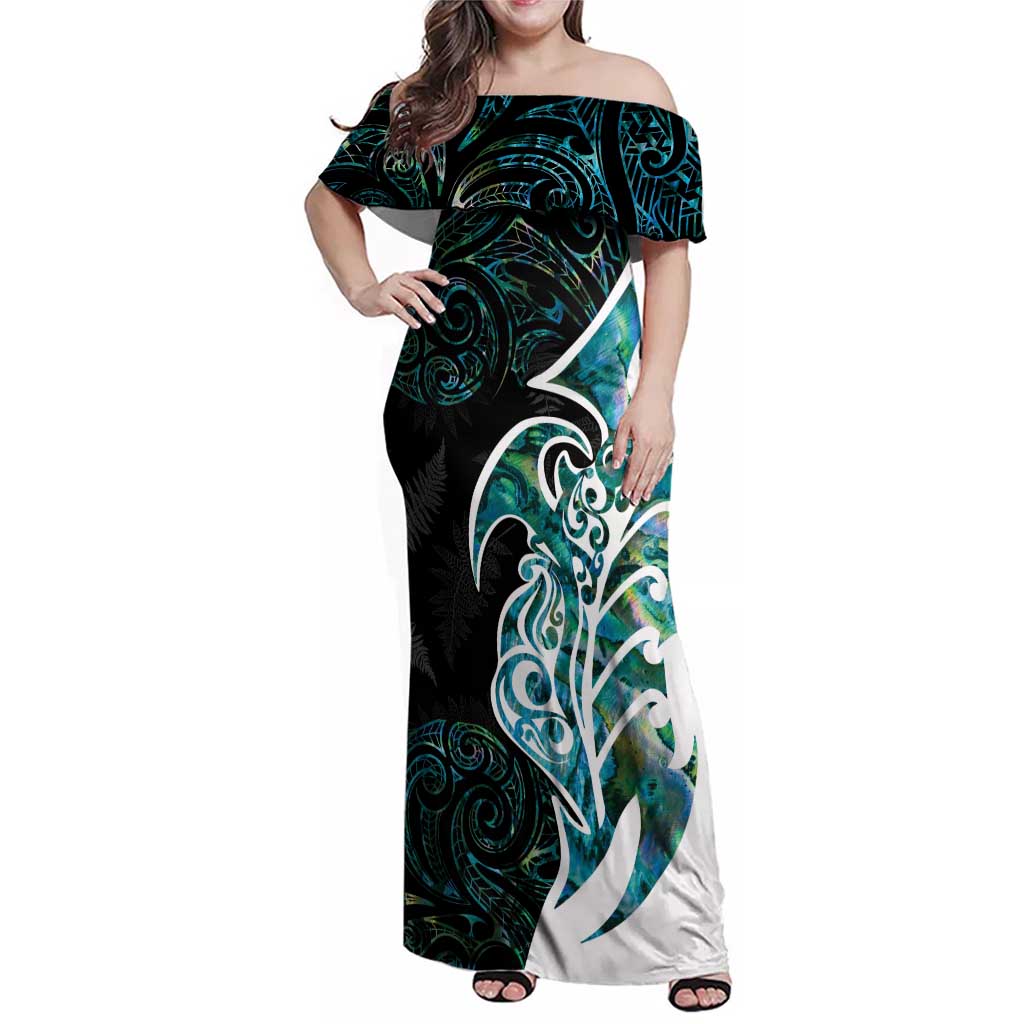 Proud Aotearoa Family Matching Off Shoulder Maxi Dress and Hawaiian Shirt Maori Silver Fern Mix Paua Shell Pattern