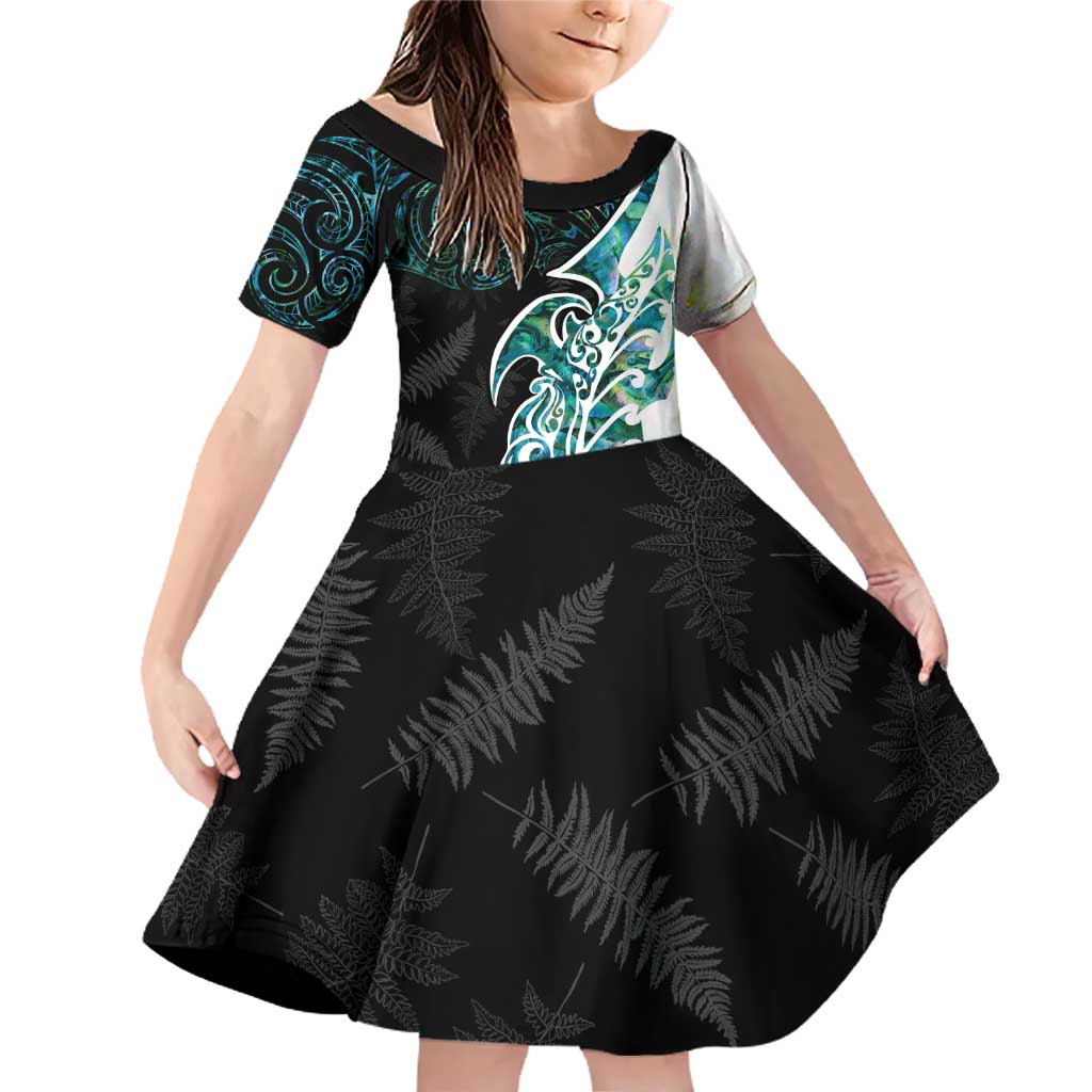 Proud Aotearoa Family Matching Off Shoulder Short Dress and Hawaiian Shirt Maori Silver Fern Mix Paua Shell Pattern