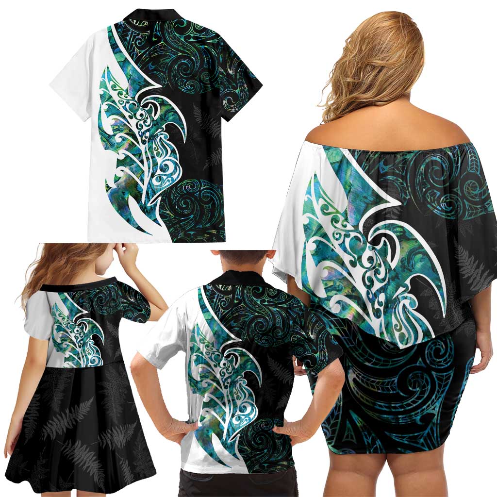 Proud Aotearoa Family Matching Off Shoulder Short Dress and Hawaiian Shirt Maori Silver Fern Mix Paua Shell Pattern