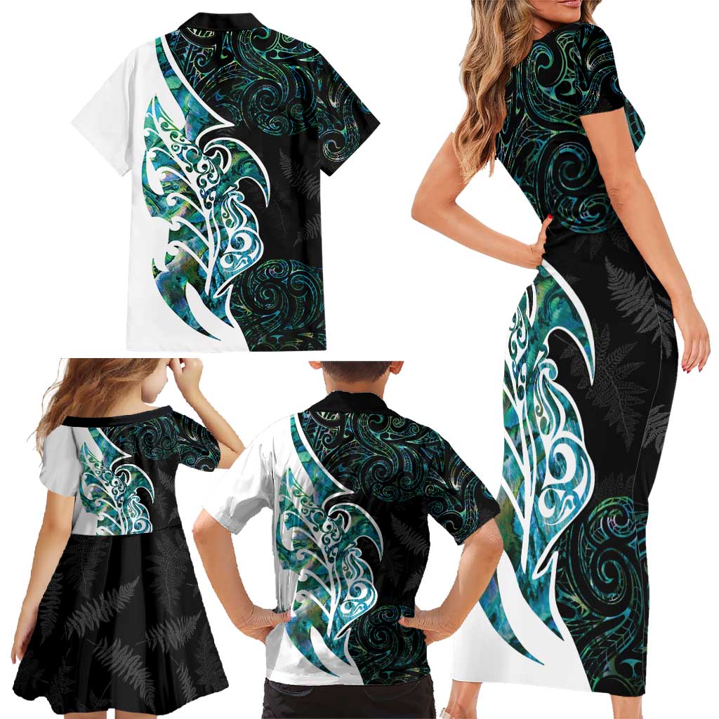 Proud Aotearoa Family Matching Short Sleeve Bodycon Dress and Hawaiian Shirt Maori Silver Fern Mix Paua Shell Pattern